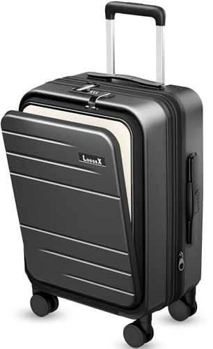 LUGGEX Carry On Luggage 22x14x9 Airline Approved, FLO5 Expandable Polycarbonate Suitcase with Front Pocket (FX-Core, Black, 20 Inch)