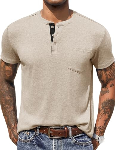 COOFANDY Camiseta Henley para Hombre Camisas de Manga Corta Lisas para Hombre Camiseta básica Informal de Verano con botón de Bolsillo Caqui L