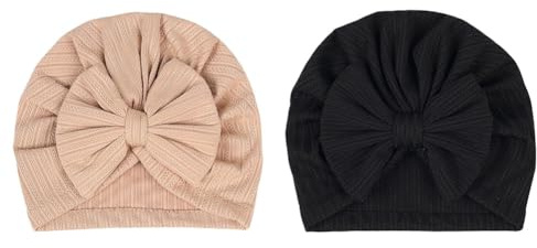 Hrlace 2 stycken babymössor för nyfödd babymössa, mjuk babyturbanmössa med rosett, infant, beanie, mössa, spädbarn, flicka, pojke, mössa för baby, nyfödda, småbarn, ljus curry + svart