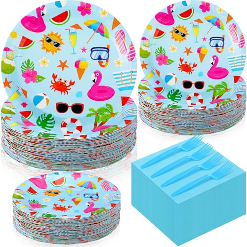 Havawish 240 Pcs Summer Hawaii Paper Tableware Napkins Beach Party Supplies 9'' Disposable Plates 7'' Paper Snack Plates for Kids Birthday Beach Party Decorations, Serves 60(Blue,Pool)