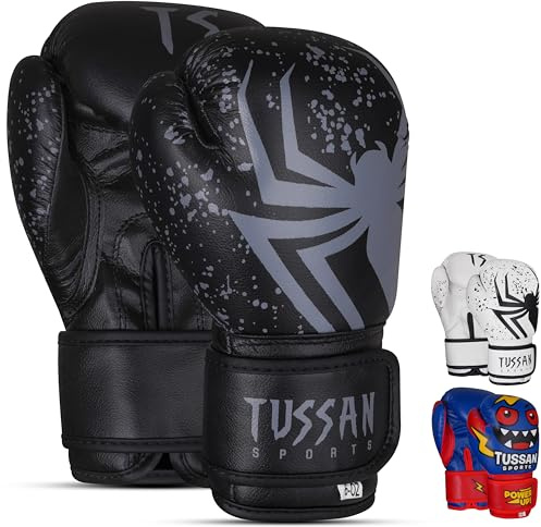 Tussan Sports Kids Boxing Glove 4oz, 6oz, Training Sparring Gloves for Punching Bag, Kickboxing, Muay Thai, MMA, UFC, Gift for Kids (Black Spider, 6oz)