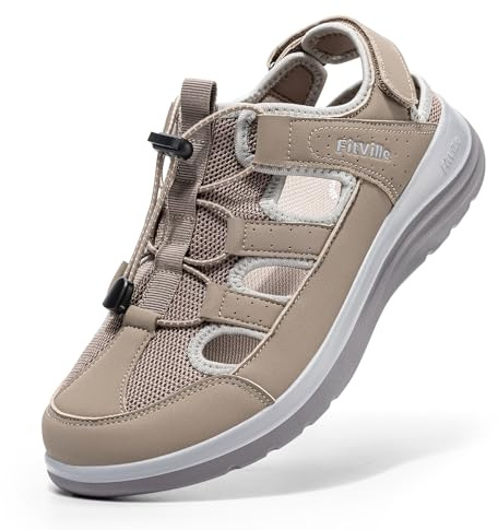 FitVille Sandali Larghi Estivi da Donna Traspiranti e Comodi con Chiusura Elastica a Lacci e Strappo per l'Outdoor Beige 40 EU Larga