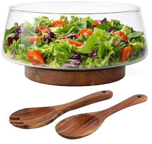 MIAMIO - Insalatiera in Vetro 3,5L con Posate, Ciotola Insalata con Base in Legno Acacia, Ciotola da Portata, Fruttiera in Vetro, Set Servizio Tavola Elegante