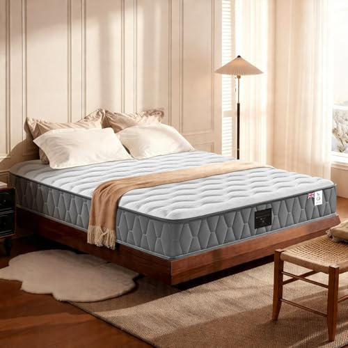 NineLan Orthopaedic Double Mattress 4FT6 for Back Pain Relief, 8.7 Inch Hybrid 5-Zone Pocket Sprung Mattress with Cooling Gel Memory Foam & Breathable Knitted Cover, Medium Firm, 135x190x22cm