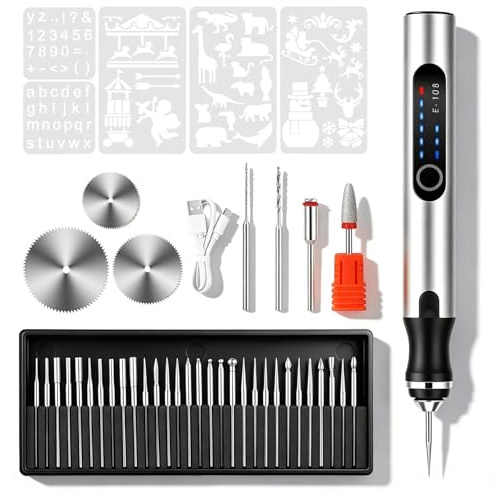 Stylo Graveur Électrique avec 37 Embouts, Portable Sans Fil USB Rechargeable Kit d'outils de Gravure Rotatif, Outils Rotatifs Multifonction pour Sculpture, Polissage, Ponçage, Perçage et Bricolage