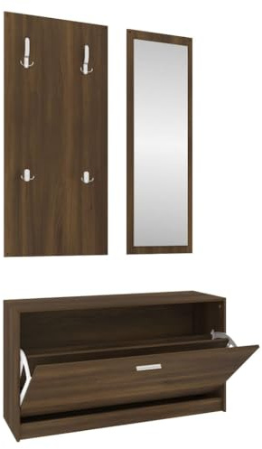 XHNIFBN Ensemble d'Entrée 3-en-1 Chêne Marron - Meuble à Chaussures Miroir et Porte-Manteau Mural en Bois d'Ingénierie - Vestiaire Gain de Place pour Couloir et Entrée