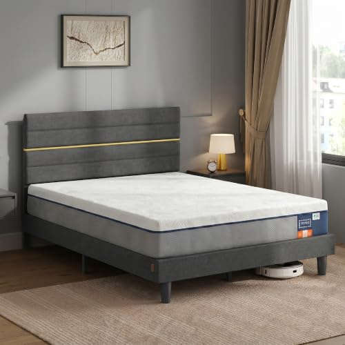 VASAGLE Matelas Simple 90 x 190 x 20 cm avec Lit Simple, Mousse à Mémoire de Forme Gel, Soutien Mi-Ferme sur 7 Zones, Tête de Lit Rembourrée Ajustable, Bleu et Gris Ardoise RMZ123QZ01-02