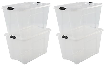 Iris Ohyama, Boite Rangement Plastique avec Couvercle, 60L, Lot de 4, Transparent, Clips de Fermeture, Poignée, Empilable, Organisation Solide & Durable, pour Chambre, Dressing, Bureau, NTB-60