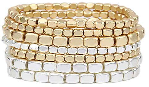 Rosemarie Collections Women's Two Tone Chunky Nugget Stacking Statement Stretch Bracelet Set of 7 (Matte Two Toned Gold Silver)
