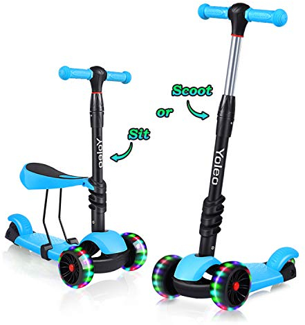 YOLEO 3-in-1 Kinder Roller Scooter mit Abnehmbarem Sitz, LED große Räder, Höheverstellbare Lenker für Kleinkinder Jungen Mädchen ab 2 Jahre (Blau)