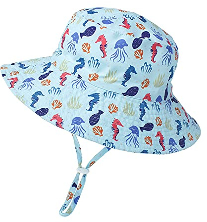 Sombrero de Sol para Bebé Niña Ajustable Gorro Verano de Pescador para Niños ala Ancha Sombrero Bob Protección Solar UPF 50 para Exteriores Natación Playa Piscina (Azul Caballo de mar)