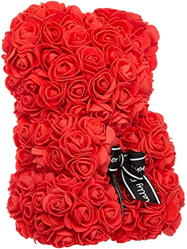 Brandsseller Osito de Rosas Artificiales 25x16 cm – Oso Hecho a Mano con Flores de Seda, Regalo Romántico para Cumpleaños, San Valentín, Día de la Madre – también con Caja de Regalo – Rojo