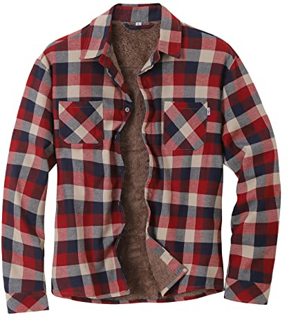 HULKAY Mens Long Sleeve Sherpa Fleece Flannel Shirts Button Down Berber Lined Shackets Warm Camp Shirts Plaid Jackets(Red,L)