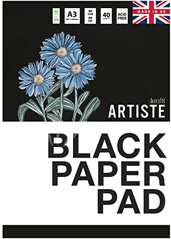 Artiste Black Coloured Paper Pad A3 90gsm 40 Sheets, Makes The Perfect Sketch Book, Craft Pad, Paint Pad, Notebook, Bullet Journal, Scrapbook and Colouring Book, for Home School and Office
