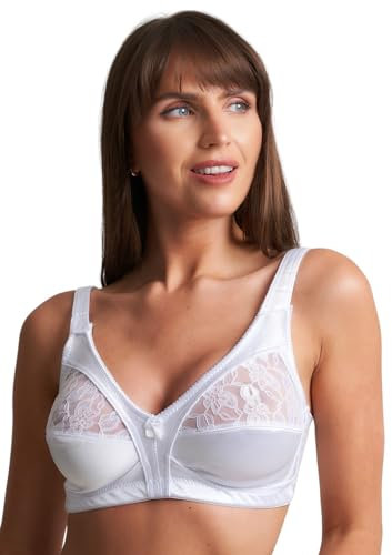 reshmena® Womens Floral Lace Non-Wired Bra Firm Control Soft Cup Satin Lace Bra - Women’s Non-Wired Full Cup Non-Padded Underwear Bra (UK, Cup & Band, D, 42, White)