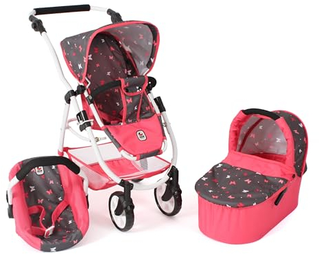 Bayer Chic 2000-640-47 Puppenwagen Emotion All In 2.0-3in1 Puppenwagen-Set bestehend aus Babywanne, Sportsitz und Autositz, Butterfly Koralle