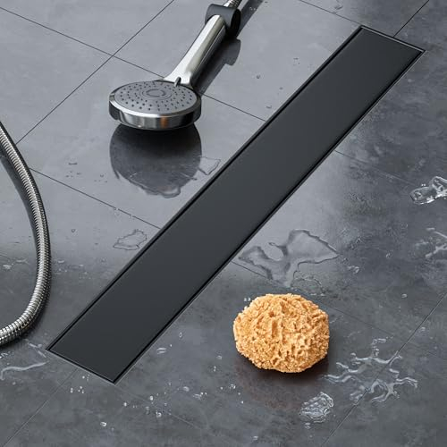 VILSTEIN® Duschrinne Schwarz Extra Flach [60CM] - Bodenabfluss Dusche Komplettset - Ablaufrinne Dusche - Duschabfluss - Siphon mit Geruchsstop & Haarsieb - Randablauf - Duschablauf