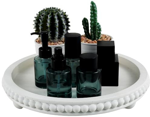 Mamamax - Bandeja redonda rústica de 30 cm con cuentas de madera, bandeja de servicio elegante, mesa baja decorativa, decoración del hogar para cocina de granja, comedor, salón, mesa de entrada, color