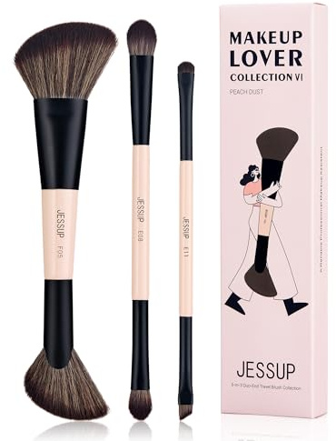 Jessup Seet Brochas de Maquillaje Viaje,6 en 3 Brochas Maquillaje Doble Punta,Contorno y Brocha Sombra de Ojos Doble Punta,Brocha Delineador de Ojos,Kit Brochas Multifunción, Peach Dust T507