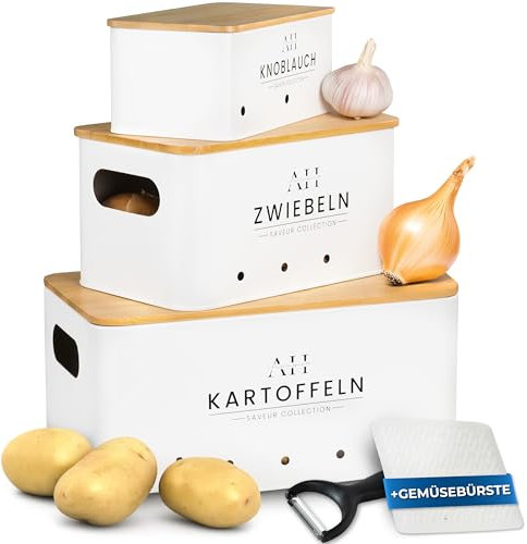 AH® Kartoffel Aufbewahrungsbox inkl. Gemüsebürste [4er Set]- zwiebeltopf, kartoffelbox - Geeignet für gemüse aufbewahrung Zwiebel aufbewahrung & kartoffel aufbewahrung (Weiss)