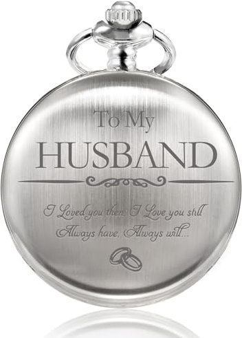 TREEWETO Reloj de bolsillo para hombre, marido, grabado To My Husband, reloj de bolsillo con texto en inglés I Love You for Husband para cumpleaños, San Valentín, boda, plata, Moderno