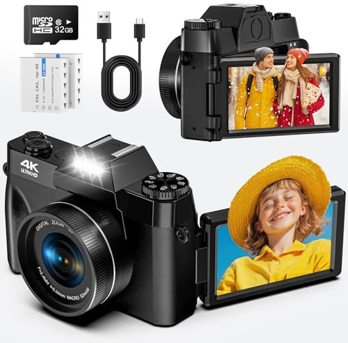 Digitalkamera, 56MP 4K Fotokamera mit 180° Flip 3.0 Bildschirm, 16X Autofokus Kompaktkamera mit 32G SD Karte& Zwei 1500mAh Batterien für Kinder Erwachsene Ältere Anfänger