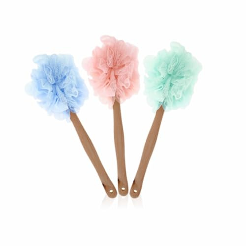 Loofah Back Scrubber Shower Body Bath Loofah Wooden Handle Handheld Loofah on a Stick Sponge Brush for Men Women Back Cleaning Exfoliating Removing Dead Skin Cells & Dirt Assorted Colour (1 Pack)