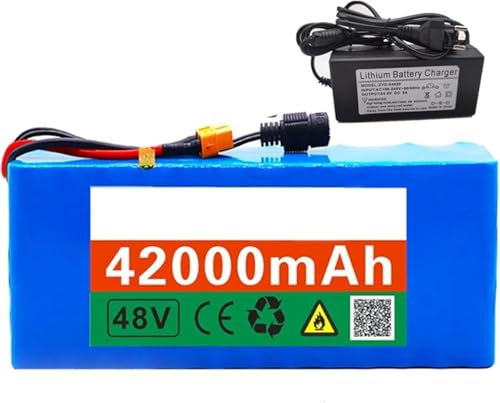 48V Elektrofahrrad Lithium-Ionen wasserdichter PVC-Akku Ersatzbatterie 48V 42AH für 200W 250W 350W Elektrofahrrad Scooter Motor, eingebauter BMS mit 42V 2A Ladegerät 48V 42Ah,XT60