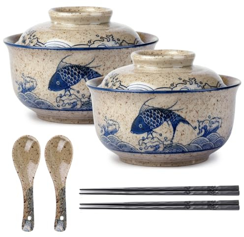 Juego de 2 cuencos de ramen, 800 ml, juego de ramen de cerámica con cuchara, palillos japoneses, cuenco de sopa con tapa, vajilla asiática para hogar y restaurante
