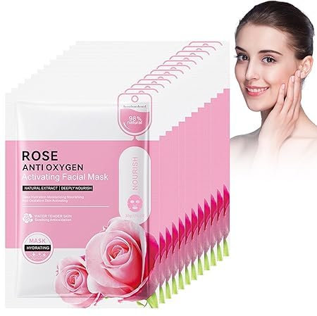 12pcs Masque Hydratant Visage, Rose Masque en Tissu Végétalien pour le Visage, Masque de Réparation de la Peau, Masque Hydratant Visage Anti Rides qui Réduit les Rides et Nettoie les Pores