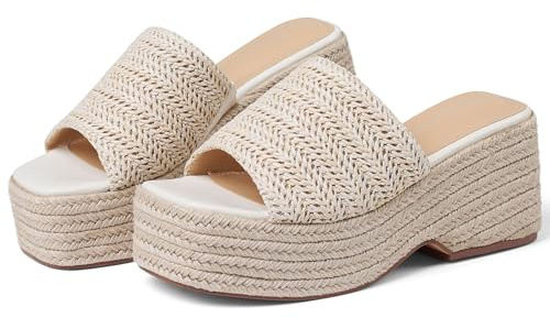 EQAUDES Platform Sandals Wedge Espadrille Slides for Women Summer Beach Slip on Sandal - Woven Straw, Raffia, Comfortable, Dressy, Vacation, Wedding
