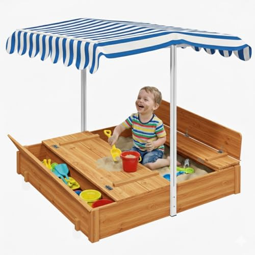 Kids Sand Box with Canopy Outdoor Sandbox with Cover, Storage,Wooden Foldable Bench Seats,Bottom Liner 48 × 48in