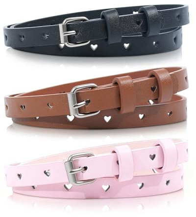 Kajeer Kids Belt for Girls,3Pcs Durable PU Leather Belt Metal Buckle Heart Circle Hole Youth Toddler Belt for Uniform Casual (Black + Brown + Pink, S-Waist Size: 22''-26'')