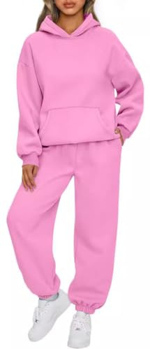 OLIPHEE Tuta Sportiva Donna Completa 2 Pezzi Invernale in Pile Jogging Completi Sportivi Donna Fitness Set Felpa e Pantaloni Larghi Yoga Palestra Ginnastica Outdoor Rosa XL
