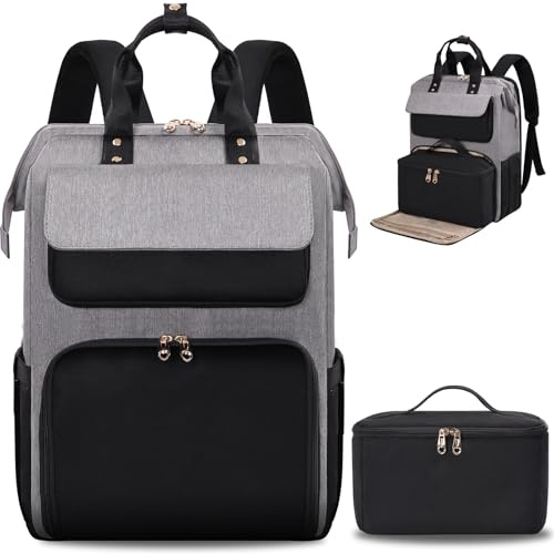 BERTASCHE Lunch Backpack for Women, 15.6 Inch Work Backpack with Insulated Cooler Lunch Box, Work Bag for Teacher Nurse Travel College Picnic, Black-grey