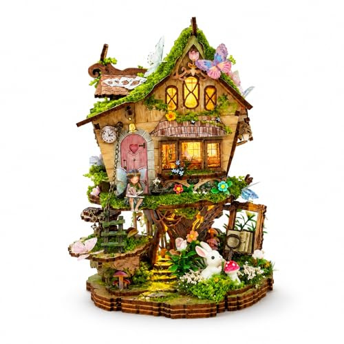 GOOGO Book Nook Kit, casa en Miniatura DIY Book Nook de 137 Piezas con luz LED, Puzzle 3D de Madera, sujetalibros Decorativo para estantería, Regalo Creativo para Adultos (Casa del árbol Verde)
