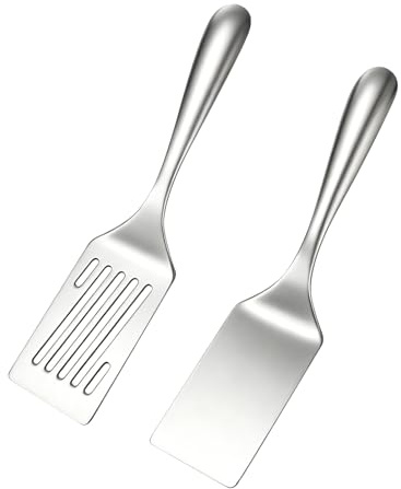Set med 2 spatlar i rostfritt stål, slitsad spatel och spatel, diskmaskinssäker, för grillning, hamburgare, ägg och grönsaker