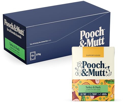 Pooch & Mutt - Turkey & Duck, Complete Wet Dog Food Grain Free, Dry Dog Food Topper, 12x375g (packaging may vary)