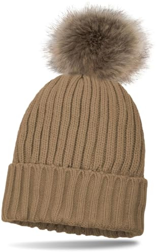 styleBREAKER Gorro de Punto para niños con Pompones, diseño de Rayas perladas y Forro de termofleece, Gorro de Invierno con Pompon de Piel sintética 04024031, Color:Camel