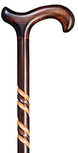 Gehstock Spiral-Derby, eleganter, kräftiger Derbygriff und Stock aus Buchenholz, dunkel geflammt und gebeizt mit spiralförmigen Verzierungen, inklusiv Gummipuffer.