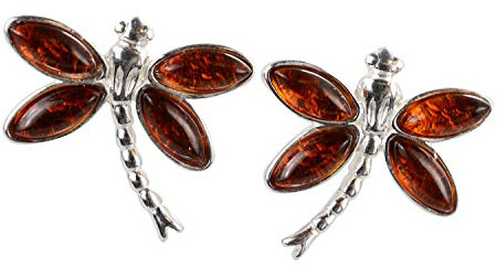 Amber Earrings - Baltic Honey Amber Post Back Dragonfly Earrings - Sterling Silver Jewelry Collection