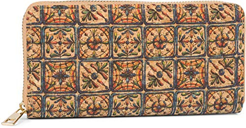 styleBREAKER Plånbok i kork för dam med etnomönster,Viereck-Blå-Orange | Plånbok 19x10x2 cm med handledsrem, dragkedja, 8 kortfack, myntfack, 3 sedelfack och plats för mobil.