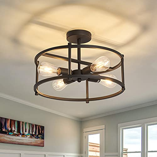 hesoge Industrial Semi Flush Mount Ceiling Light,4 Light Rustic Metal Ceiling Light Fixture,Black Farmhouse Chandelier for Kitchen Island Dining Room Hallway Entryway Bedroom Living Room.