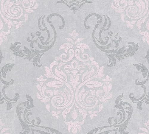 Profhome Carta da parati in stile Barocco 953726-GU carta da parati intissata (TNT) grigio rosa argento 0,53 m x 10,05 m / 5,33 m2