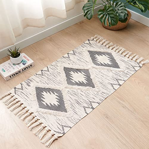 JaeMoose Tappeto in cotone trapuntato, lavabile con nappe, geometrico, shag, in tessuto bohémien (grigio, 60 x 90 cm)