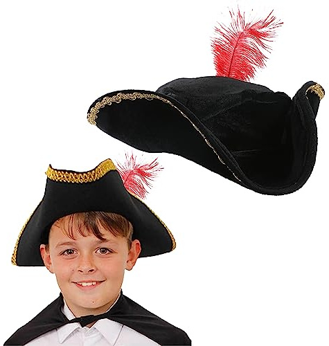 Child's Musketeer Tricorn Buccaneer Hat - Black Velour Tricorn Hat With Gold Trim and a Red Feather - Perfect for Film or Tv Character Dress Up
