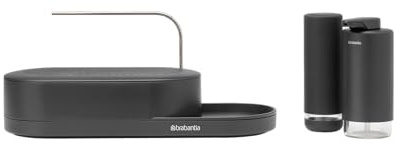 Brabantia - Organizador fregadero SinkStyle, Juego de 3 con organizador, dispensador y exprimidor de jabón - Diseño compacto, bandeja recogegotas con flujo aire, antideslizante - Mineral Infinite Grey