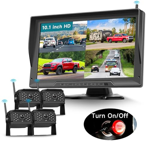 Podofo 4 x Trådlös backkamera med IPS-skärm 10,1 tum, IP69 nattseende vidvinkel AHD för husbil/husvagn/lastbil, DC12V-36V, 1/2/3/4-delsskärm, loop-video, zooma in på bilden