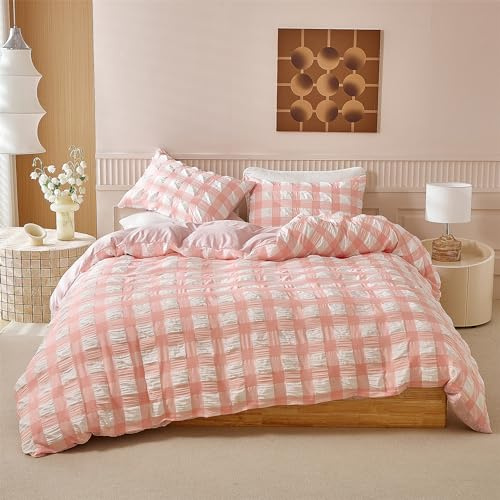 YASMENG Seersucker sängkläder 220 x 240 rosa vita rutiga Bäddset Seersucker moderna sängkläder i 3 delar mjukt ventilerande mikrofiberpåslakanset med dragkedja och 2 örngott 80 x 80 cm