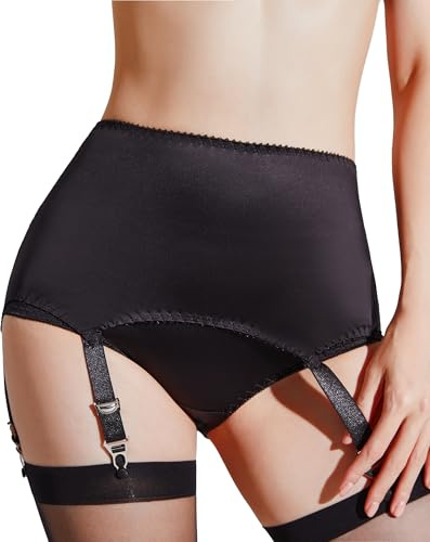 Luxallacki Vintage-inspired 6 Straps Suspender Belt with Metal Clasps, Smooth Satin & Floral Mesh Lace Elegant UK Garter Belt (Black,3XL)